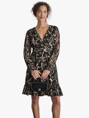 NWT - DKNY Chiffon Mini A-line Dress Black And Beige Size 14
